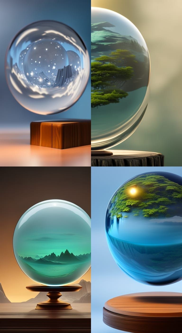 crystal ball on a wood stand with a beautiful dreamscape ins...