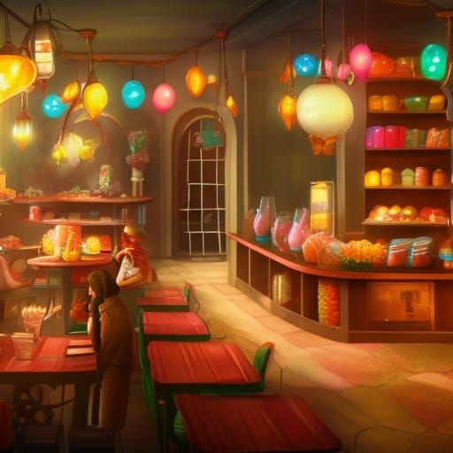 cozy cafe with lots of candy