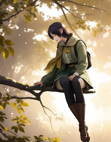 Girl on Branch in Low-Poly Akihiko Yoshida Style