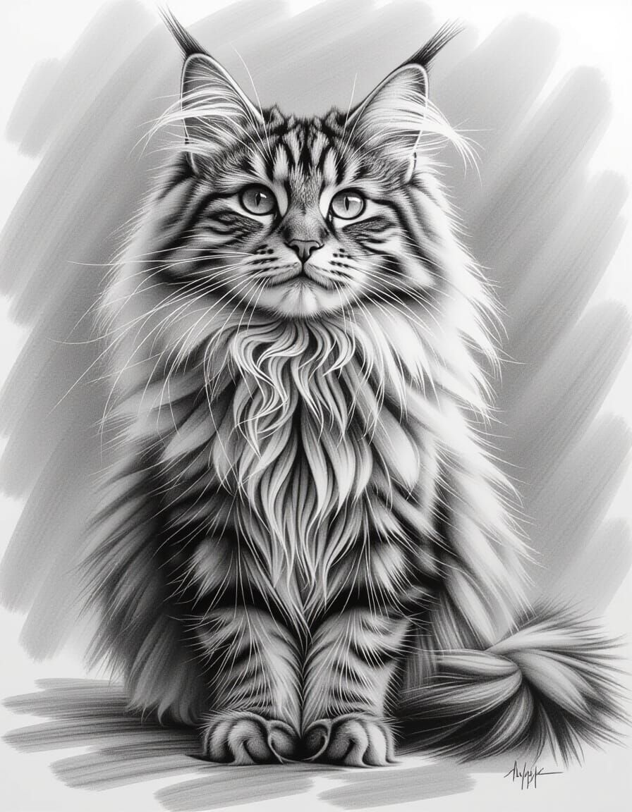 Detailed Pencil Sketch of a Fluffy Cat