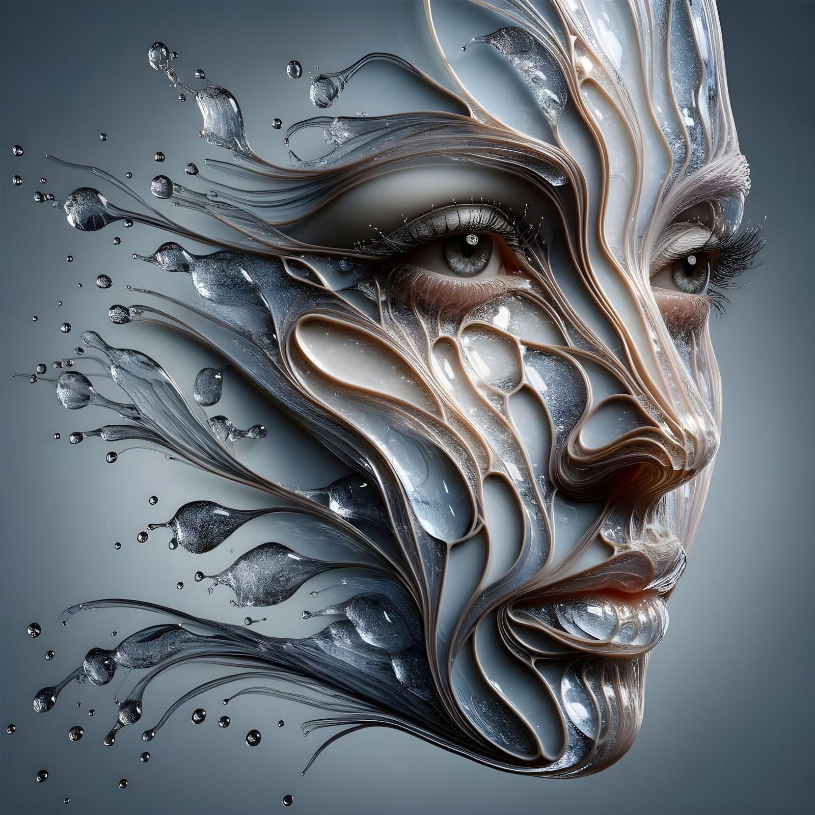 A lady portrait made with transperant pouring liquid from face  by @Pandi Samson 