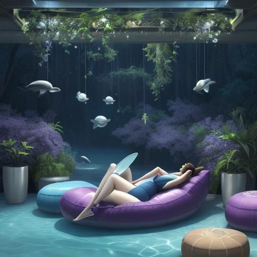 a dreamshop, Soft lighting with a mix of calming blues, purp...