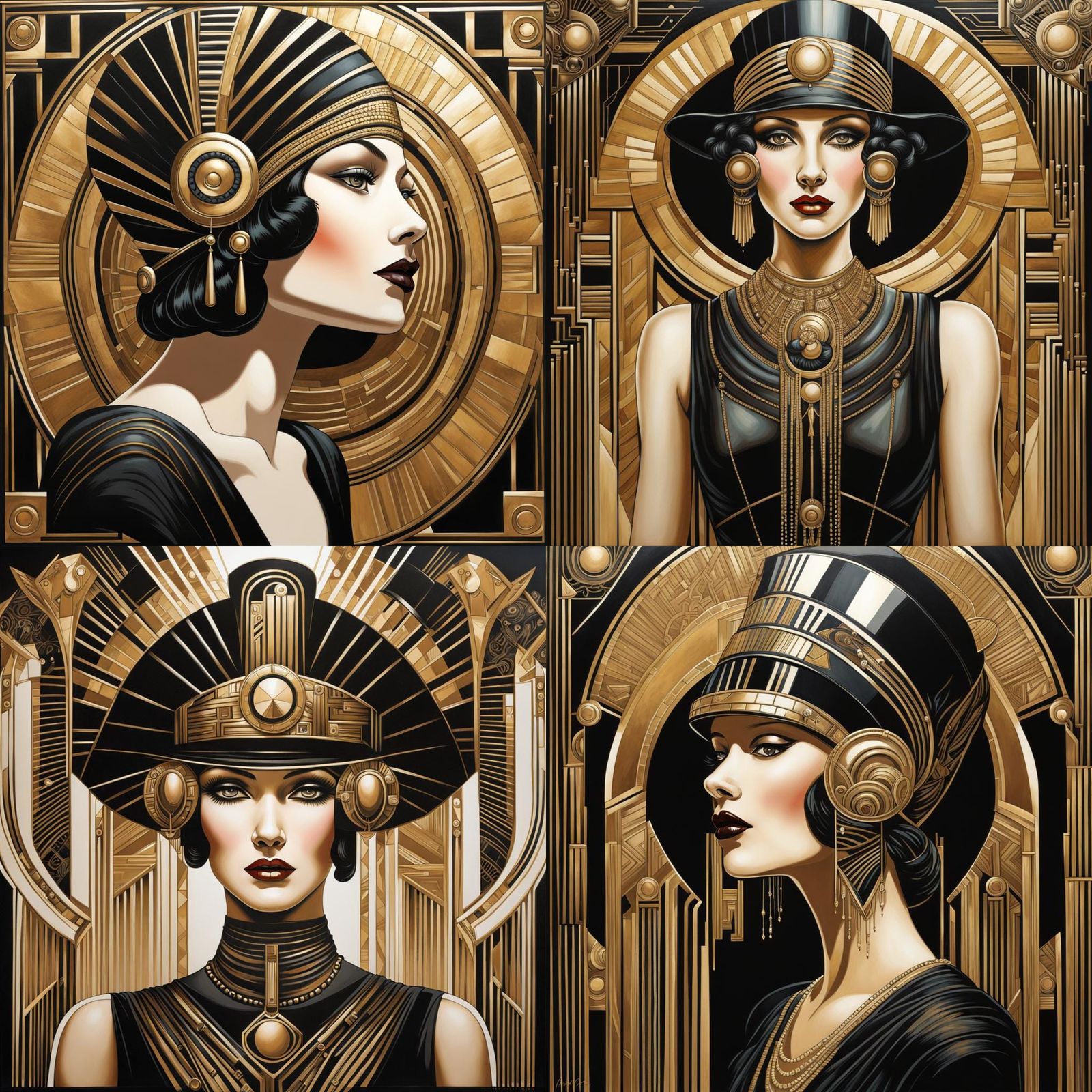 art deco painting of a woman in black and gold