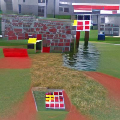 A place with grass, red blocks, yellow blocks blue blocks an...