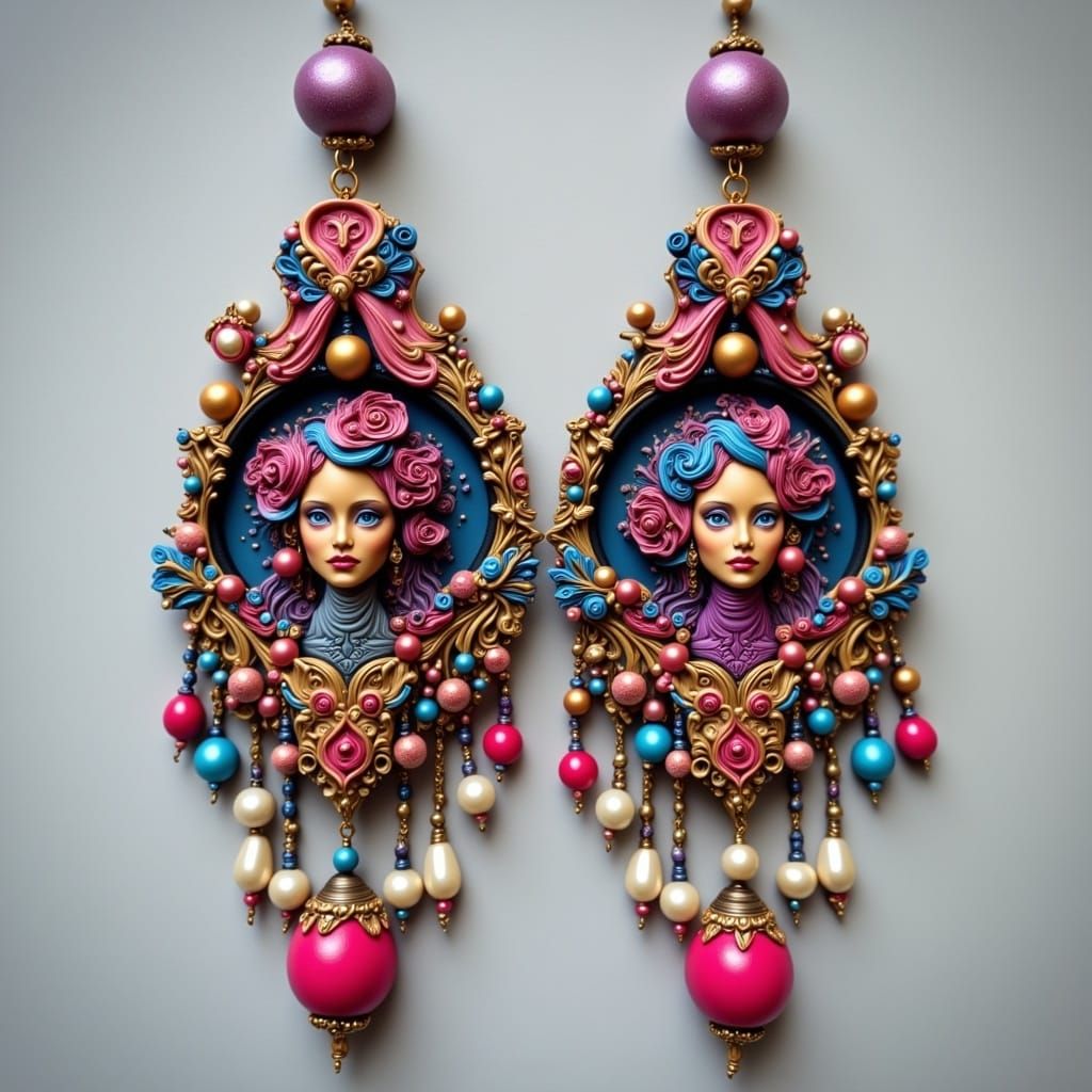 Polymer clay earrings with bright colored beads, pearls, crystals, wire, and chain.

<lora:Making Jewelry:1.0>