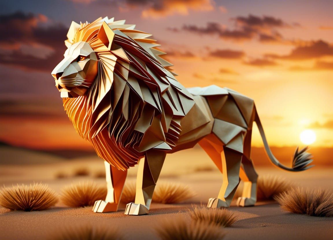 Origami majestic lion in the savannah