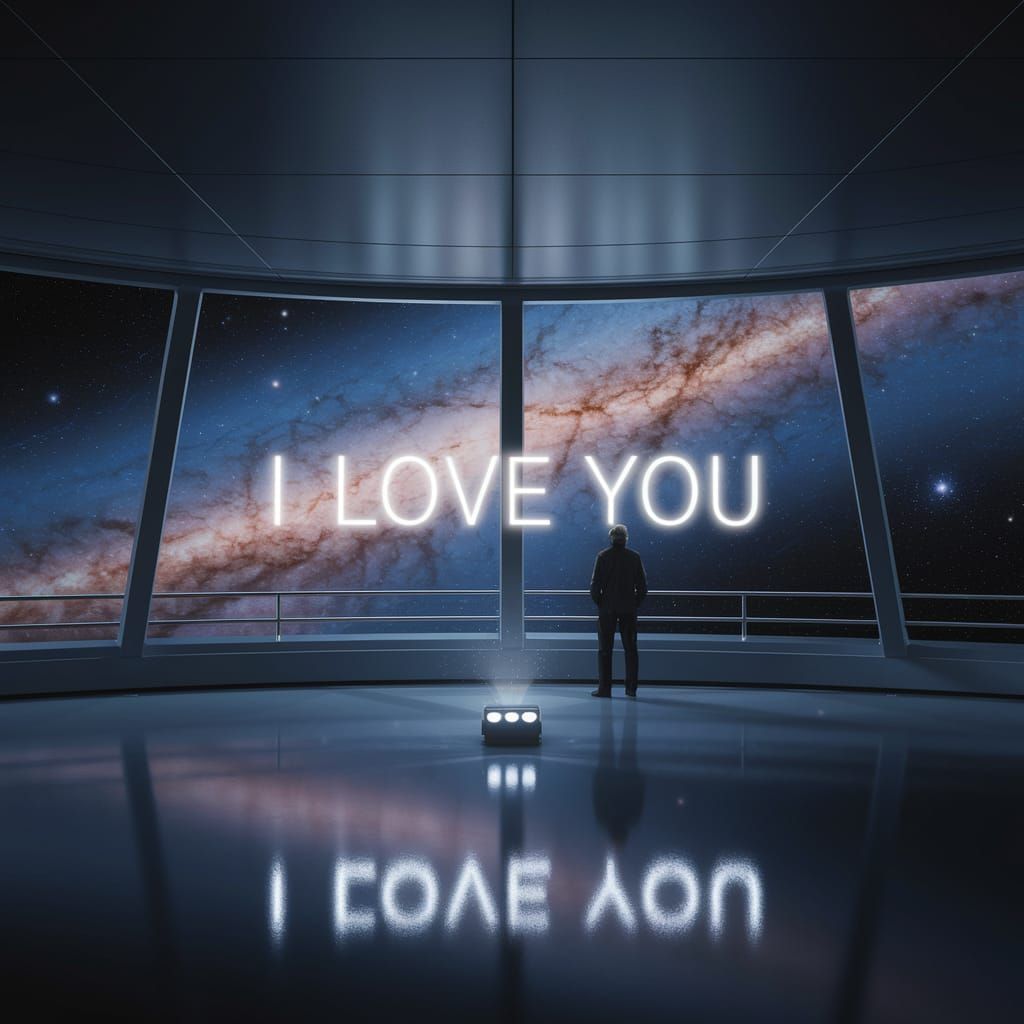 Spaceship Deck Overlooking Galaxy with Holographic Message