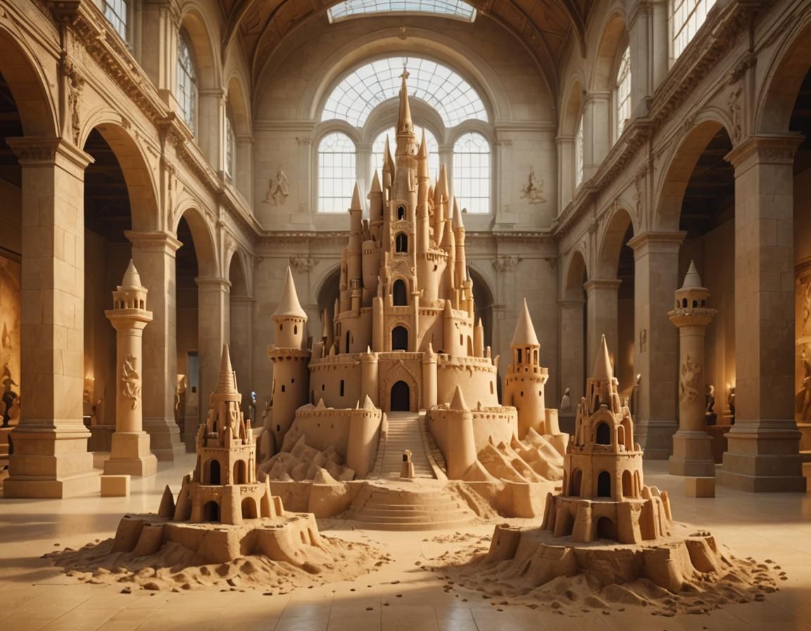 Several elegant sandcastles on display at a museum, highly d...