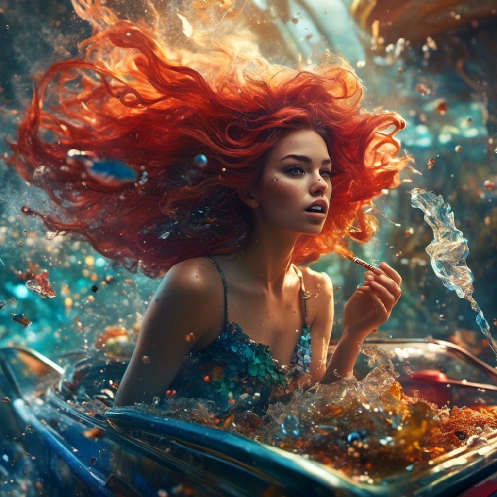 <lora:NC Hyperreal:1.0> A cryptic little mermaid smoking weed in a bumper car Hyperrealistic, splash art, concept art, m...