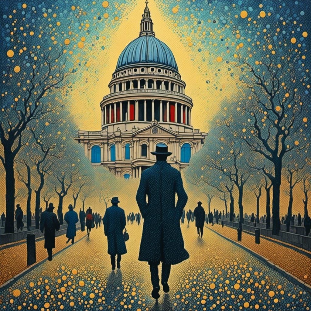 Post impressionist pointillist image <lora:Dot Dot Dash:1.0> of a spy hiding in the shadows of St Paul’s cathedral 