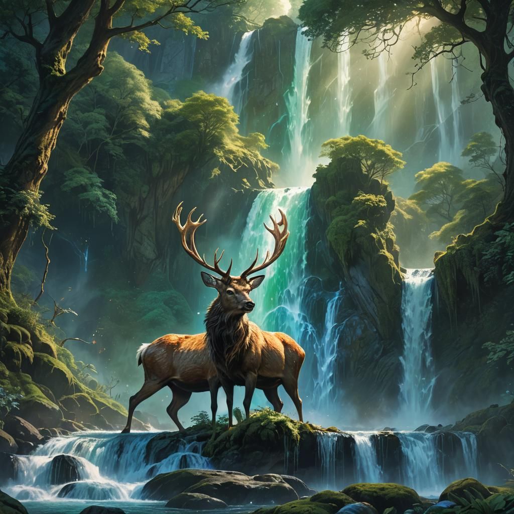 Ethereal Stag Prances by Mystical Waterfall