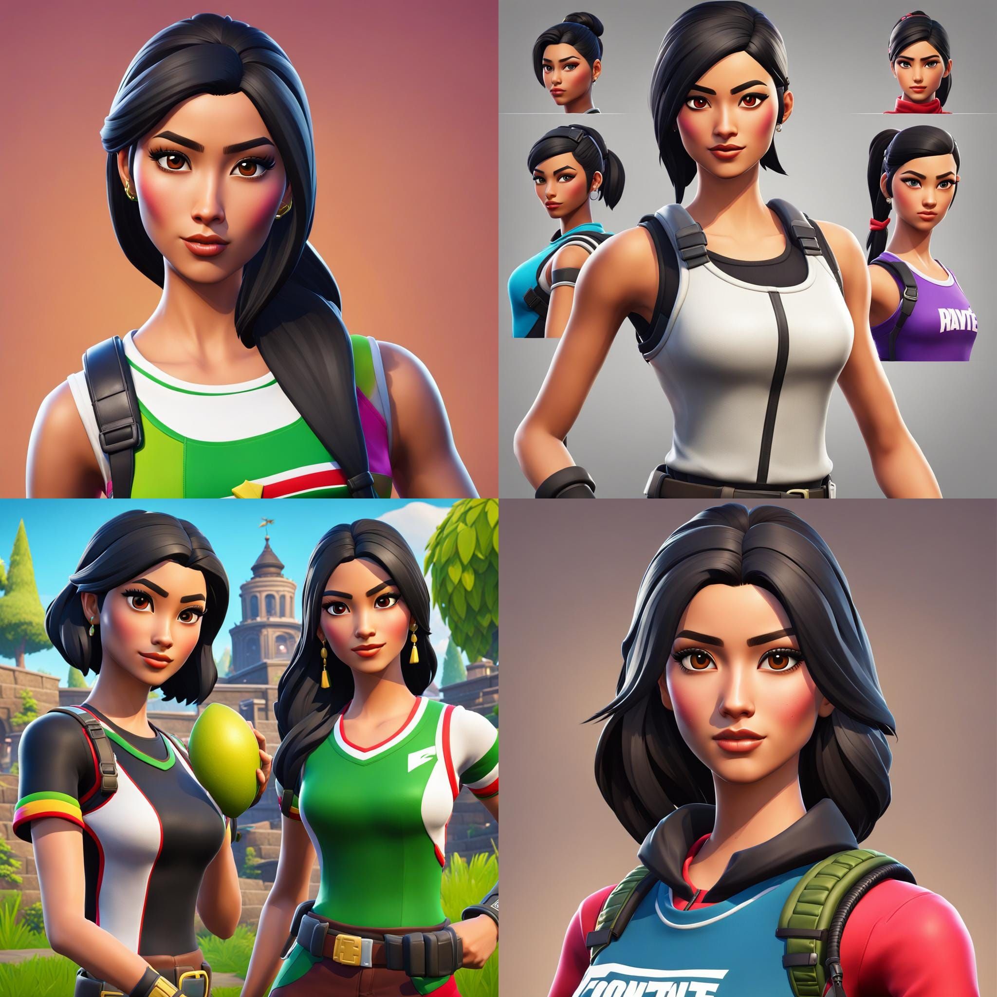 create a female fortnite skin with almond shaped eyes, skinny, dark hair,  mexican but asian looking - AI Generated Artwork - NightCafe Creator