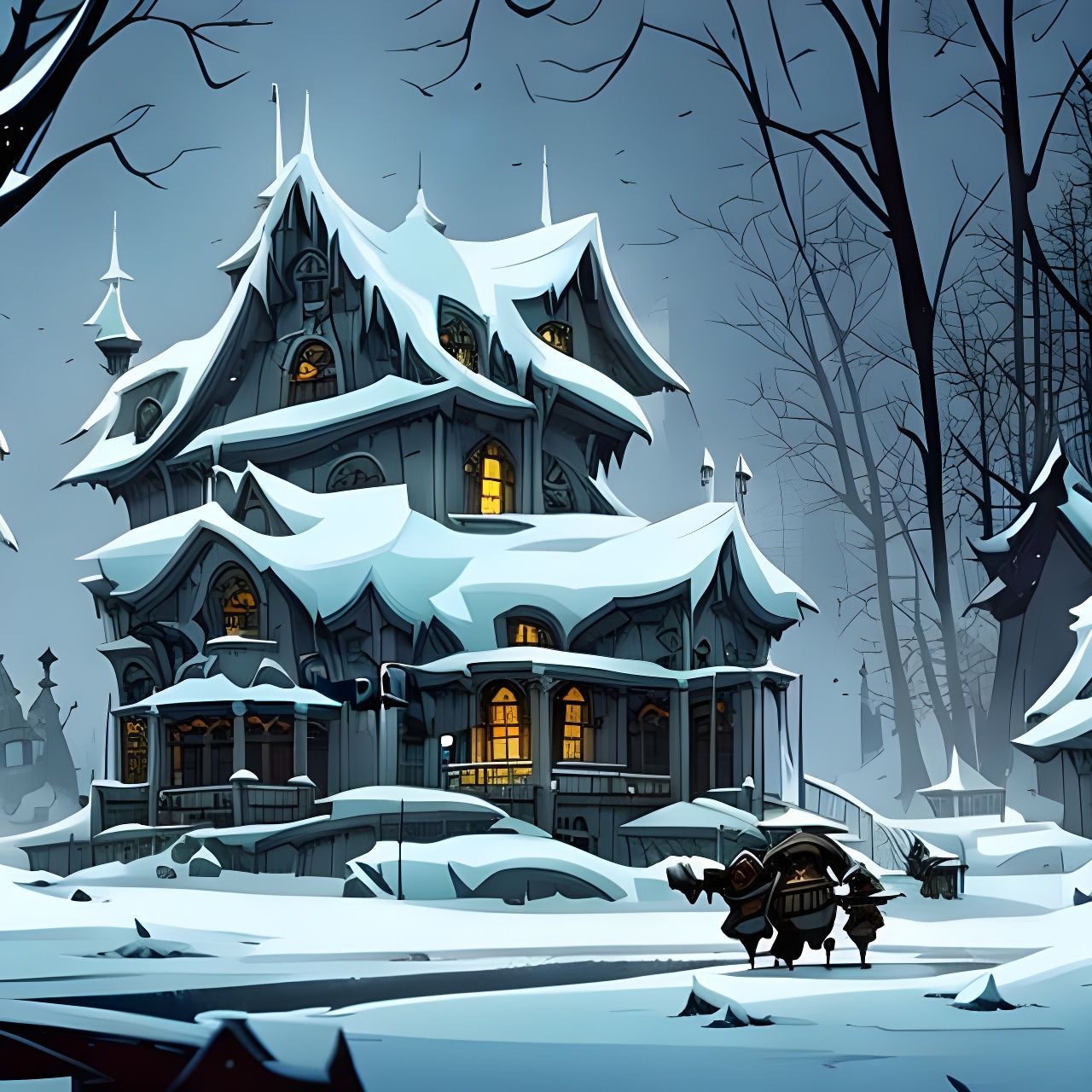Hyper-Detailed colour masterpiece of a haunted house in the snow by Brian Kesinger Joe Fenton Greg Tocchini Tracy J. But...