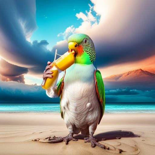 anthropomorphic budgie drinking orange juice from a juicebox on a sandy
