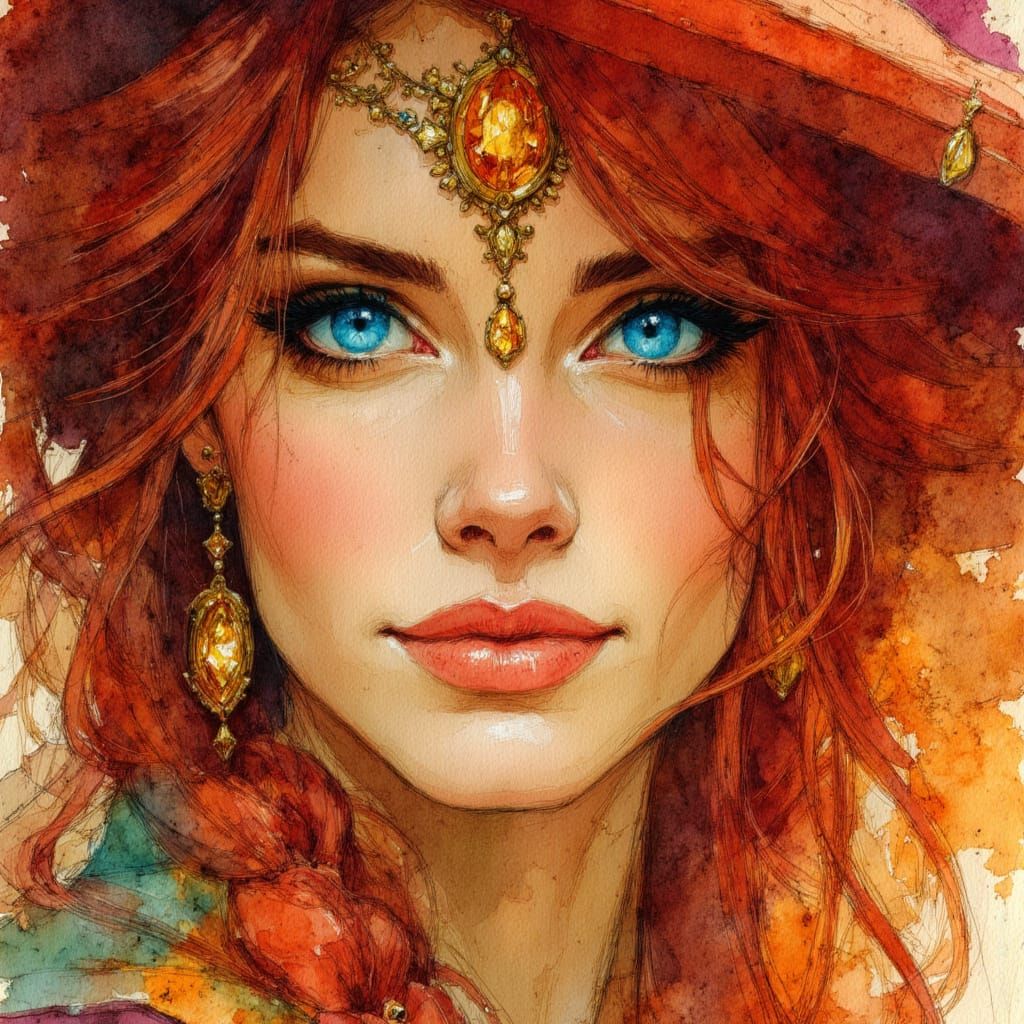 High Fantasy Comic book style illustration, red orange hues, Beautiful Queen, ginger flowing hair, pronounced cheekbones, golden eyes, golde...