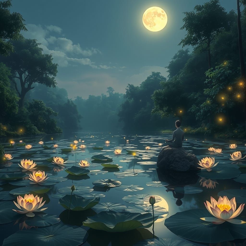 A serene pond scene with glowing lotus flowers floating on the water  by @Mister John
