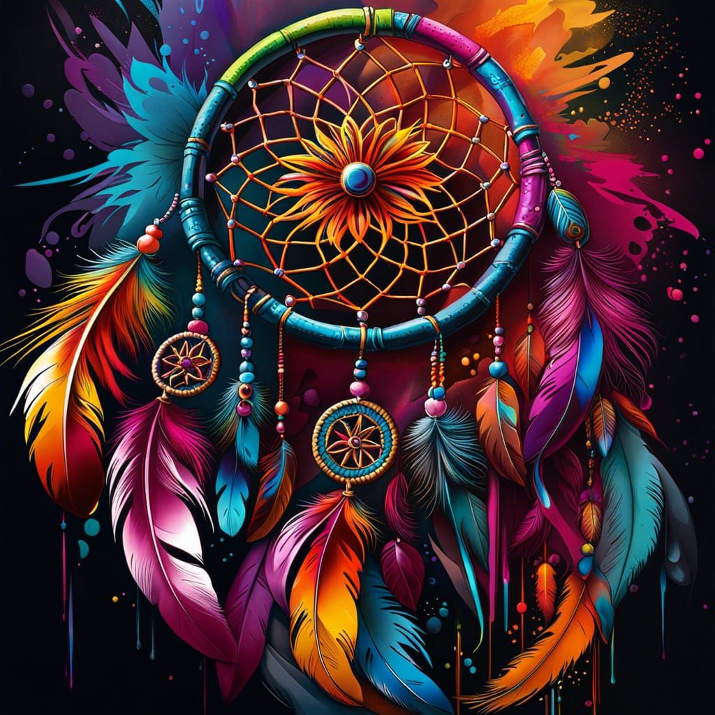 dreamcatcher, feathers, detailed, beautiful graffiti art, splash art ...