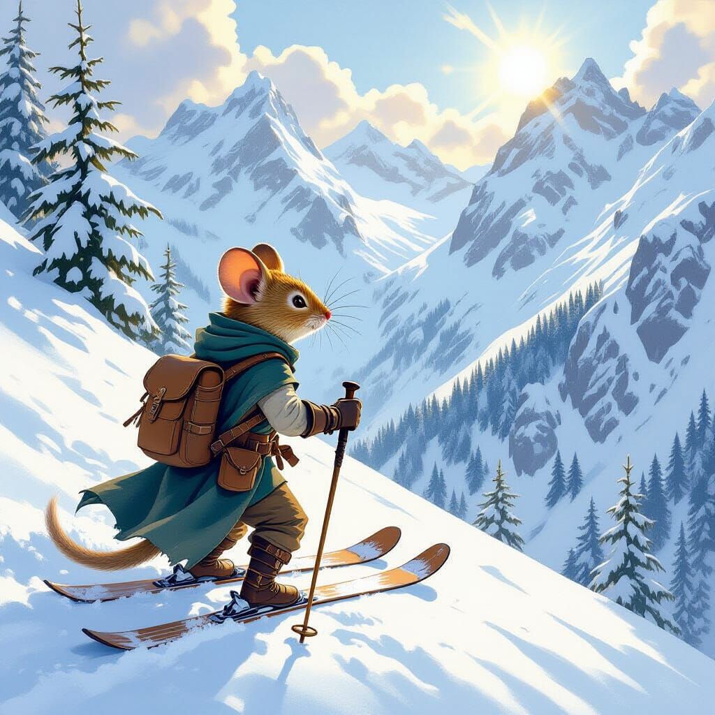A detailed illustration of Finn, an anthropomorphic forest mouse adventurer, preparing to ski down a steep snowy mountain slope. He stands a...