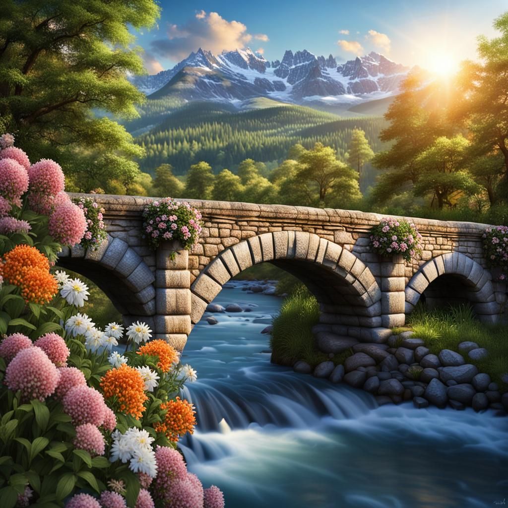 Hyperdetailed Photorealistic A Lovely Old Roman Stone Bridge With 