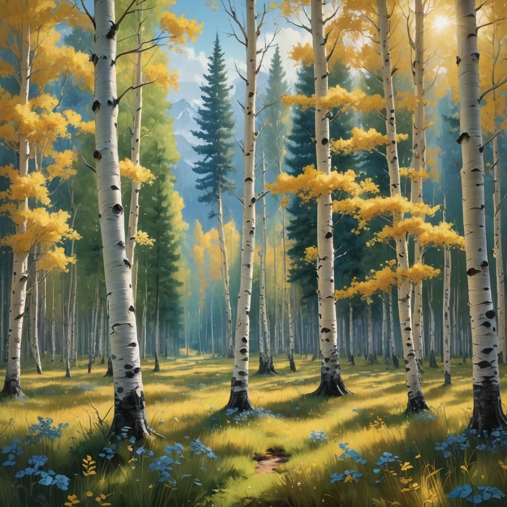 An oil painting of an aspen forest by a meadow