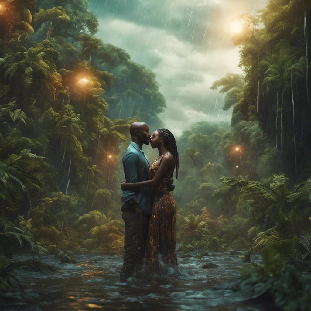 Vibrant African American couple in love holding each other in the rain ...