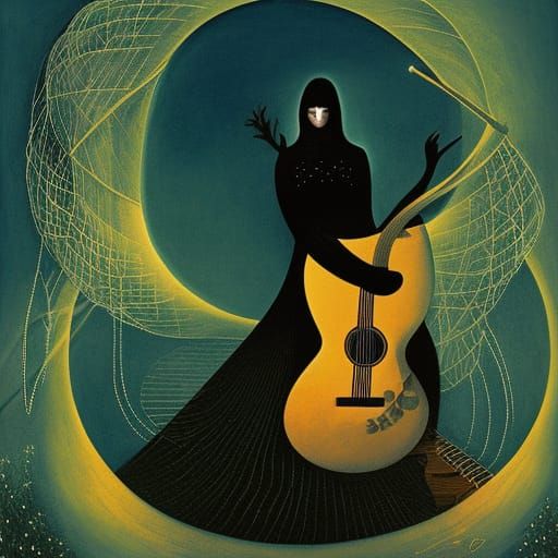 Girl Playing Guitar at Night in Surreal Style