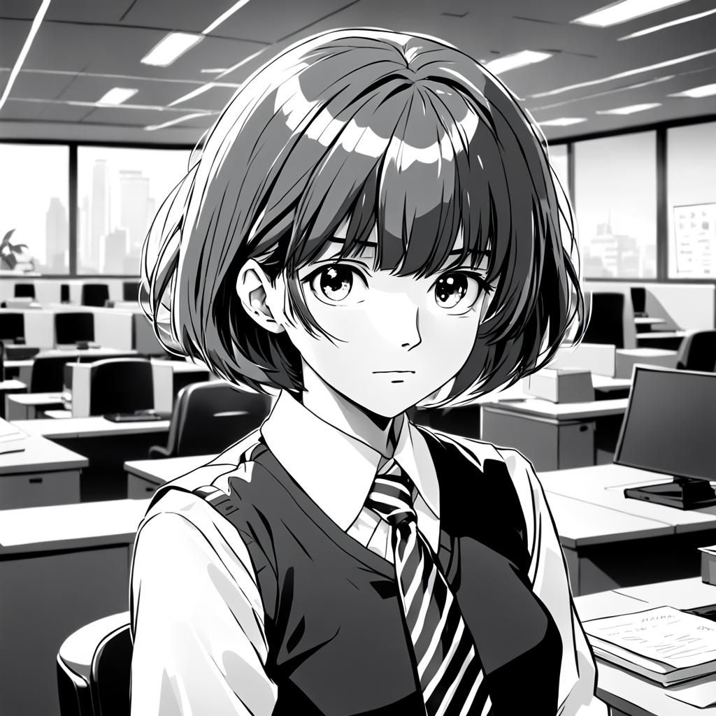 80s anime style, office lady with bob haircut, black and whi...
