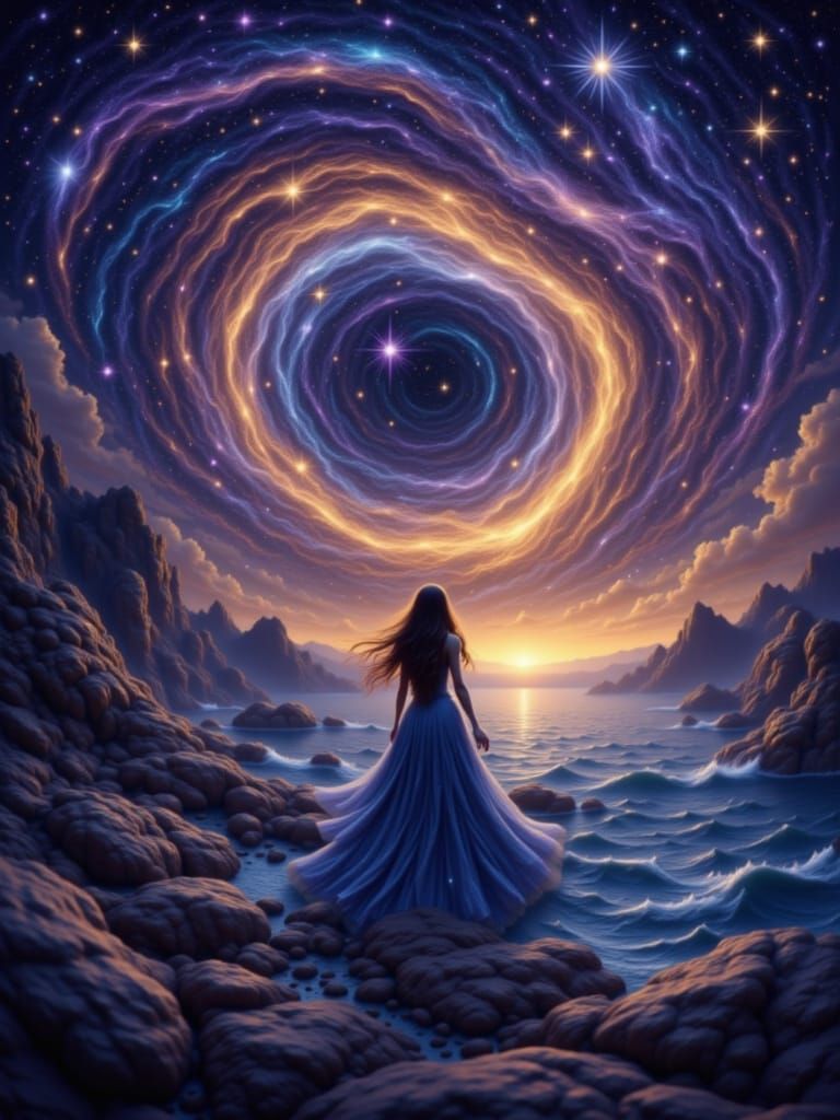 She watches the cosmic tide with stars eyes <lora:Stellar Beauty:1.0>