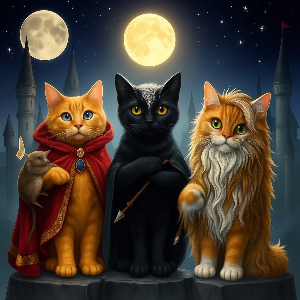 Three anthropomorphic cats. One cat is a ginger cat and has a large rat as a companion. One cat is a black cat wearing round lensed glasses...