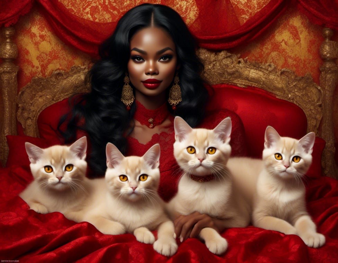 Woman with Burmese Kittens on Silk Bed