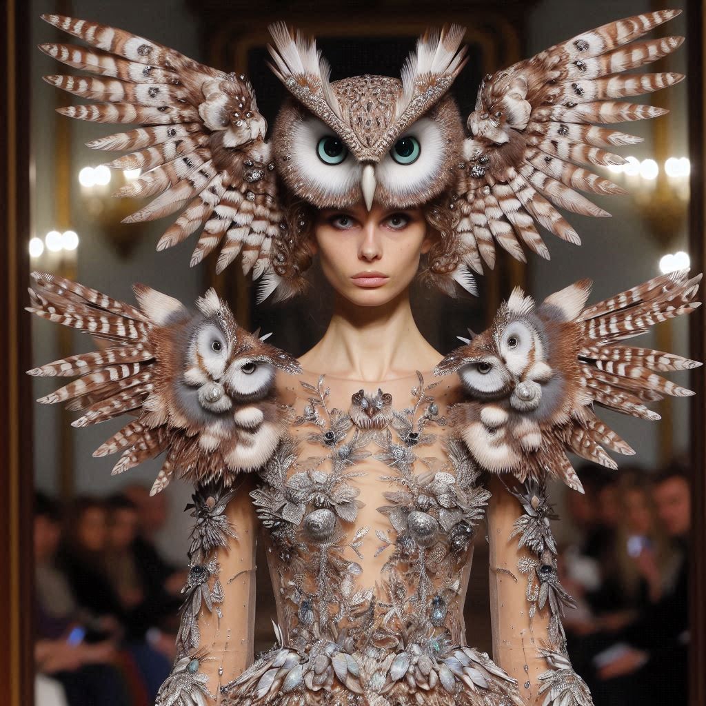 model in a dress designed to look like an owl with spread wi...
