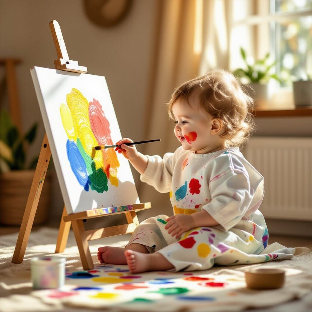 Baby Joyfully Painting with Gouache at Easel