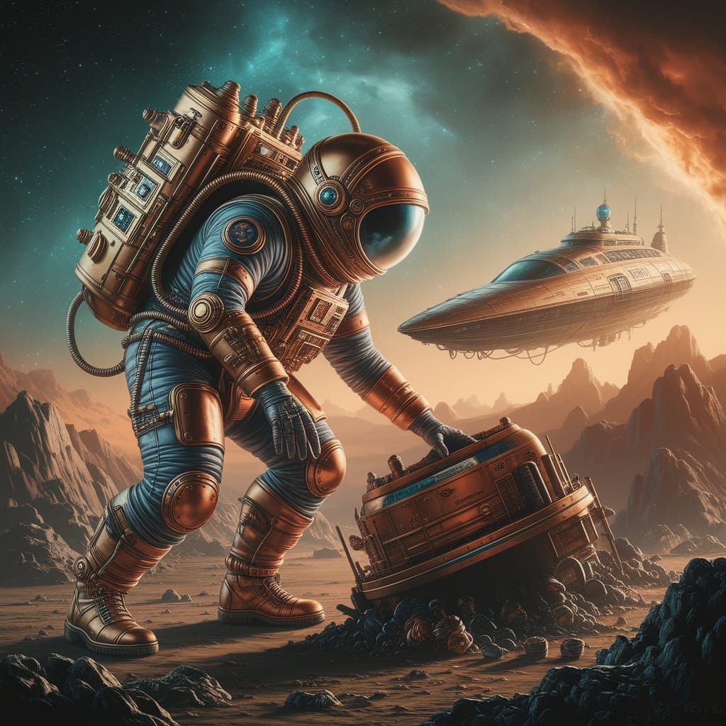 Steampunk astronaut combs through a cosmic graveyard  by @ChronoScribe