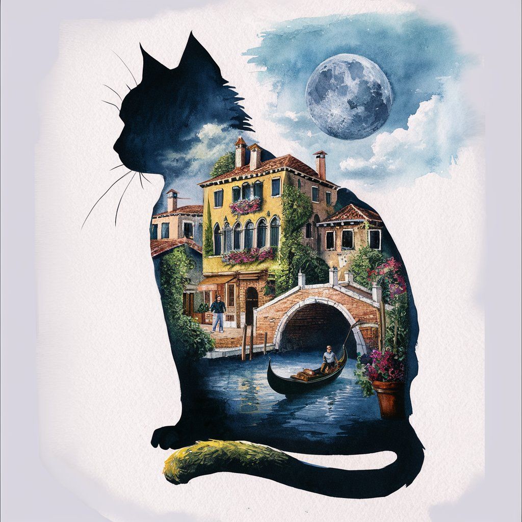 A mesmerizing watercolor painting of a silhouette cat