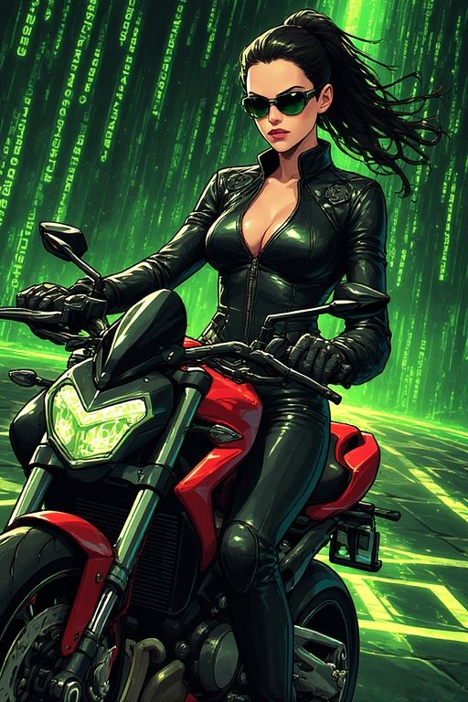 Trinity from the Matrix movie, riding a sleek and powerful D...
