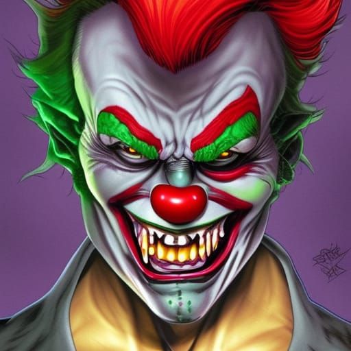 Evil clown villain, scary, smiling, green hair