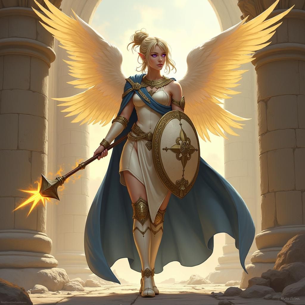 A beautiful female elf Light Domain priest with dark blonde hair in fluttering bangs and a tight bun stands in the midst of a temple ruin. S...