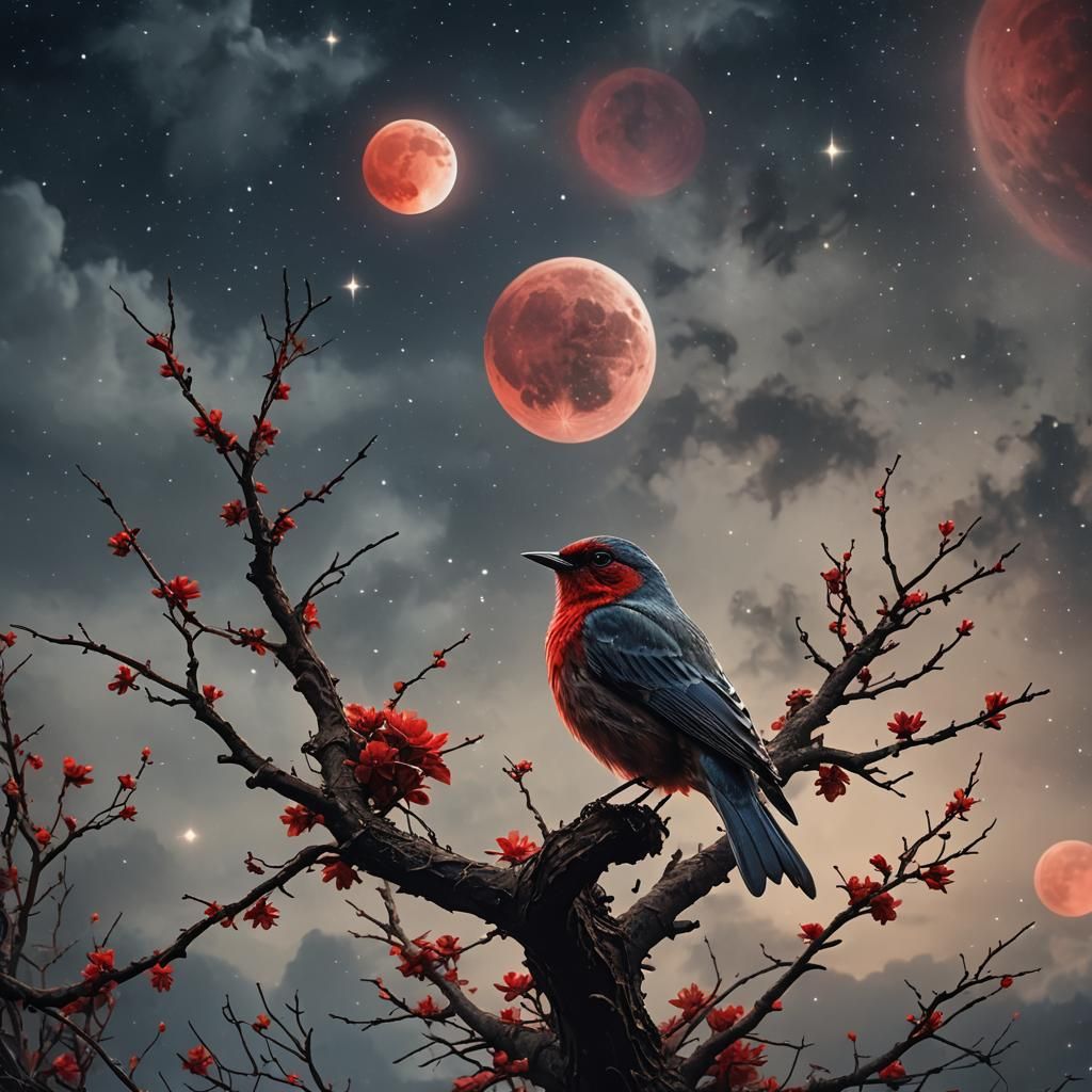 Beautiful songbird looking up at red moon and stars  by @Lynbrook Mutt