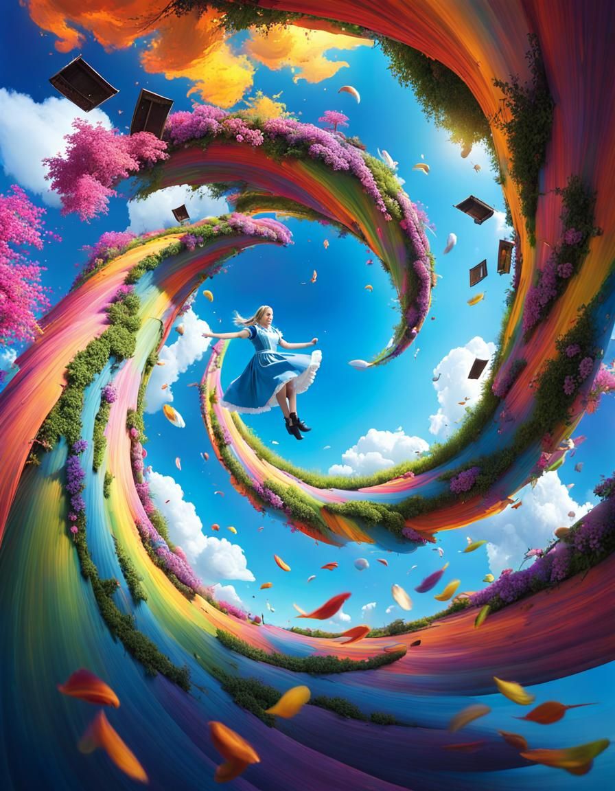Alice's Vibrant Fall: Hyperrealistic Splash Art