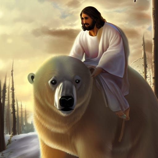 Jesus riding a polar bear into battle, digital art, beautifu...