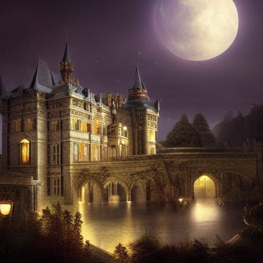 Bueatiful Marquise under the moonlight at the castle terrace