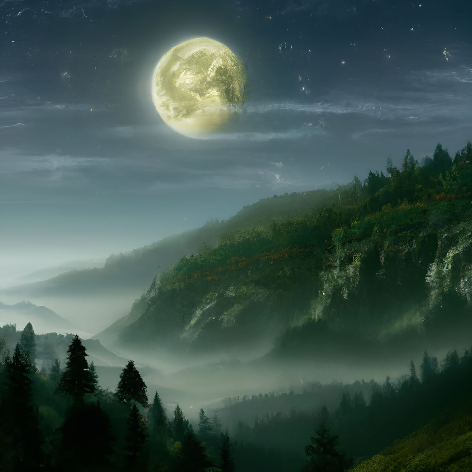 The Moon low in the sky above foggy, forest-covered mountain...