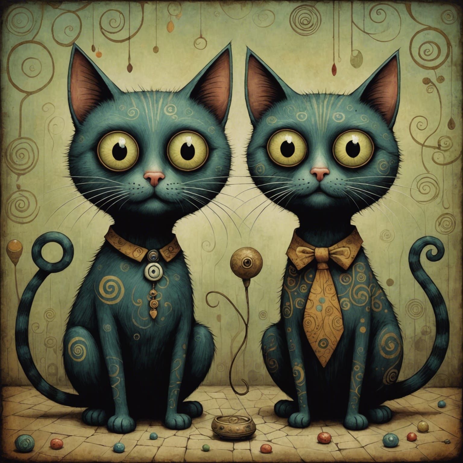 A couple of funny stray cats with googly eyes, in art brut style, art ...