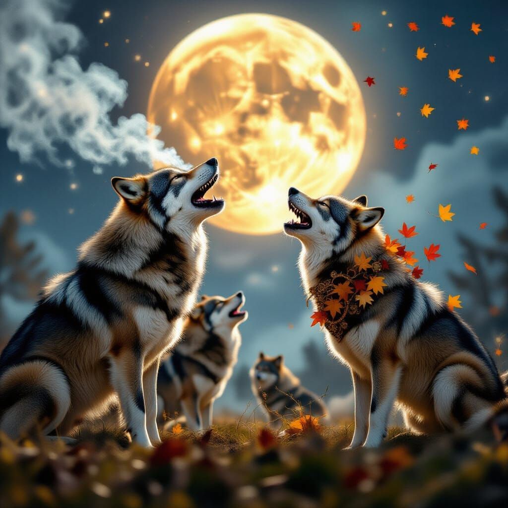 A wolf pack made of constellations howling at a nebula moon. A steampunk wolf with gears and brass, smoke pluming from its snout . A wolf's ...