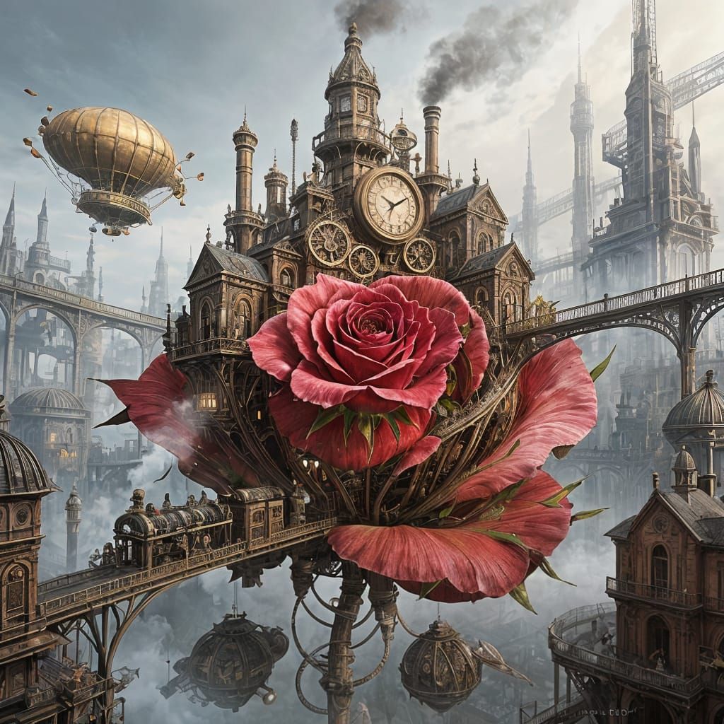 A sprawling steampunk city constructed directly onto the immense, slightly weathered petals of an ancient, colossal rose. Ornate clockwork g...