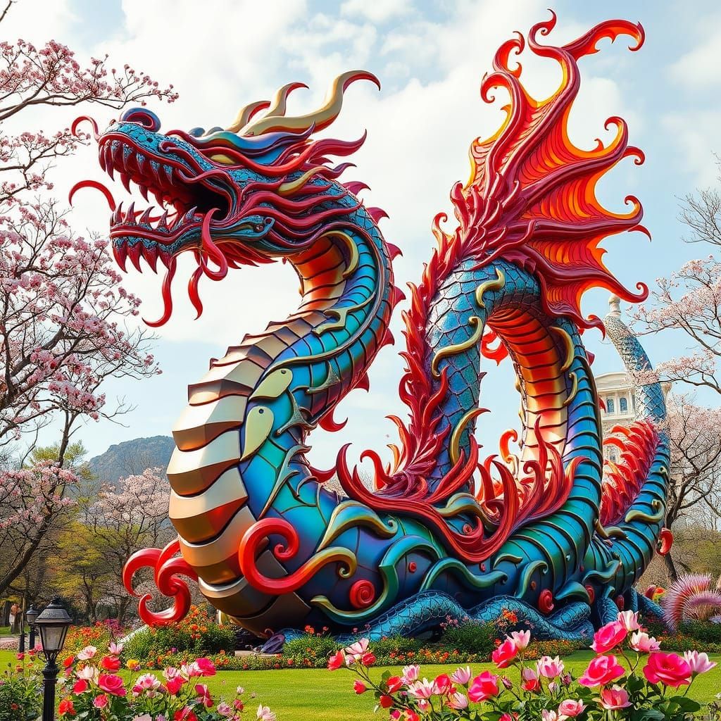Vibrant Metal Dragon Sculpture in Whimsical Park Setting