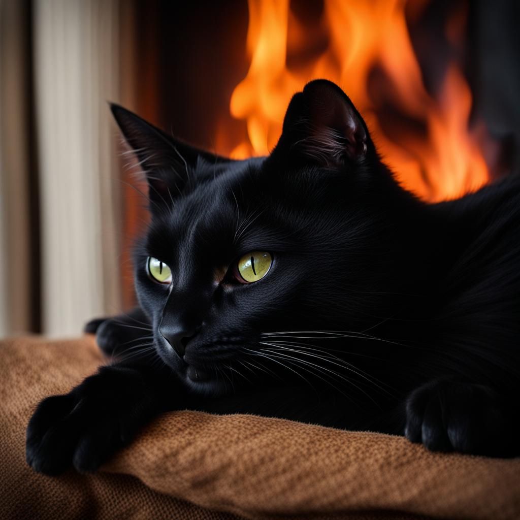 Black cat by an open fireplace - AI Generated Artwork - NightCafe Creator