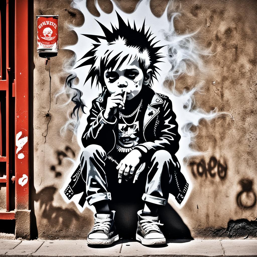 Little punk rocker toddler smoking tobacco  in the alley. Cl...