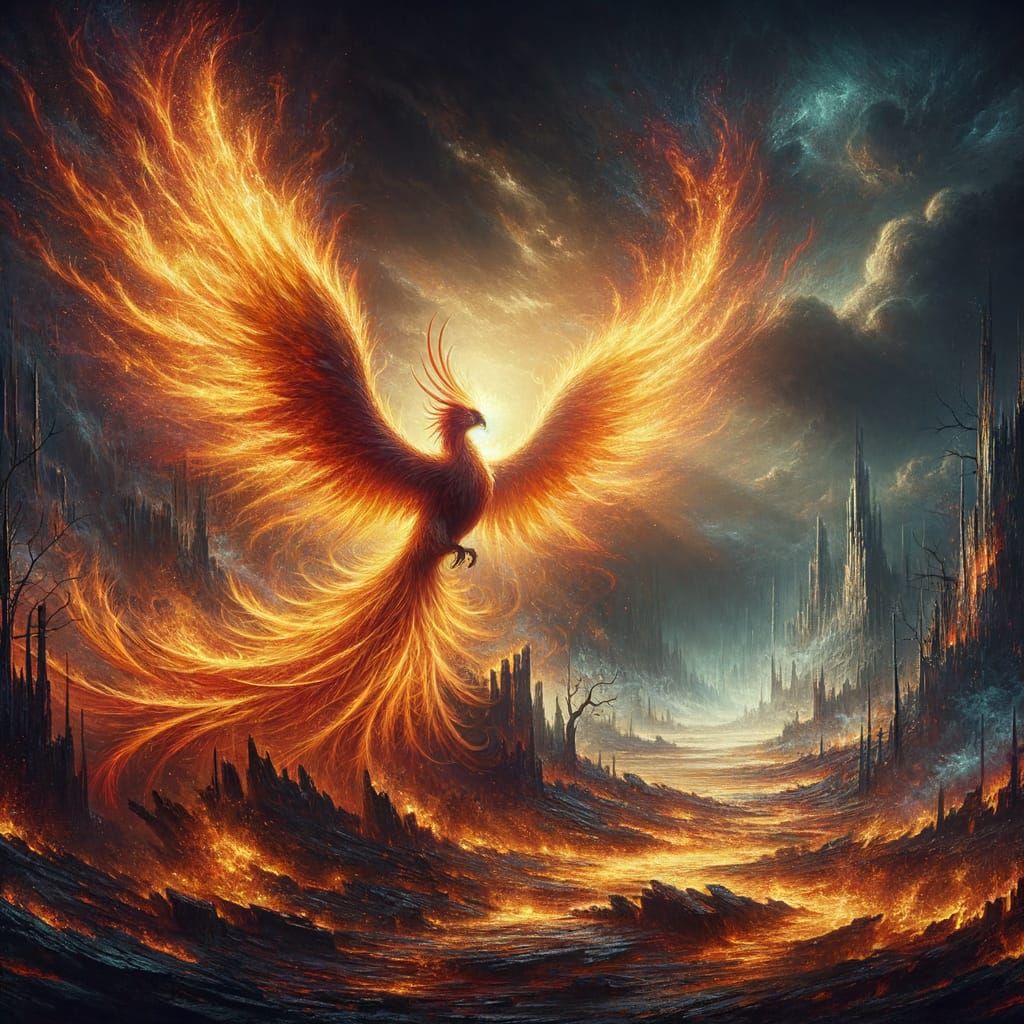 A majestic phoenix rises from the ashes of a burning world, its fiery wings casting a warm glow upon ...  by @Marv