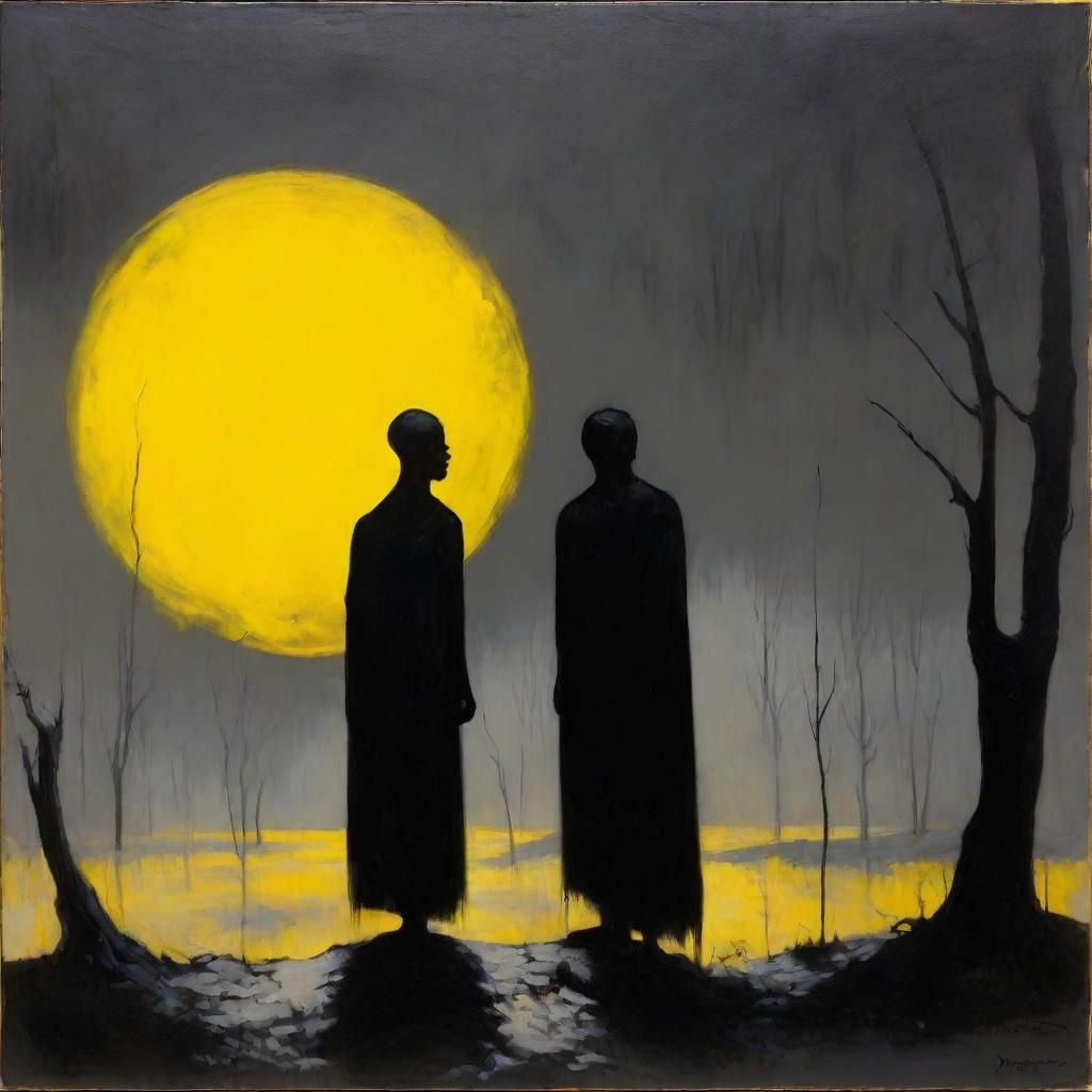 Eerie Silhouette Under a Gouache Moonlit Sky